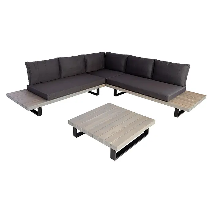Mendler Loungemöbel-Set HWC-H54 - 2 -tlg., Holz, Grau, Polster dunkelgrau, Grau, Polster dunkelgrau - L-förmiges Outdoor-Sofa mit grauen Kissen und hellen Holzlatten, plus passendem Couchtisch.