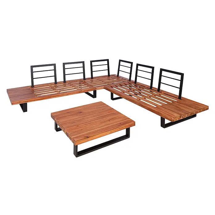 Mendler Loungemöbel-Set HWC-H54 - 2 -tlg., Holz, Braun, Polster dunkelgrau, Braun, Polster dunkelgrau - Modulares Outdoor-Lounge-Set mit einer L-förmigen Holzlattenbank und schwarzen Metalllehnen sowie einem passenden quadratischen Couchtisch.