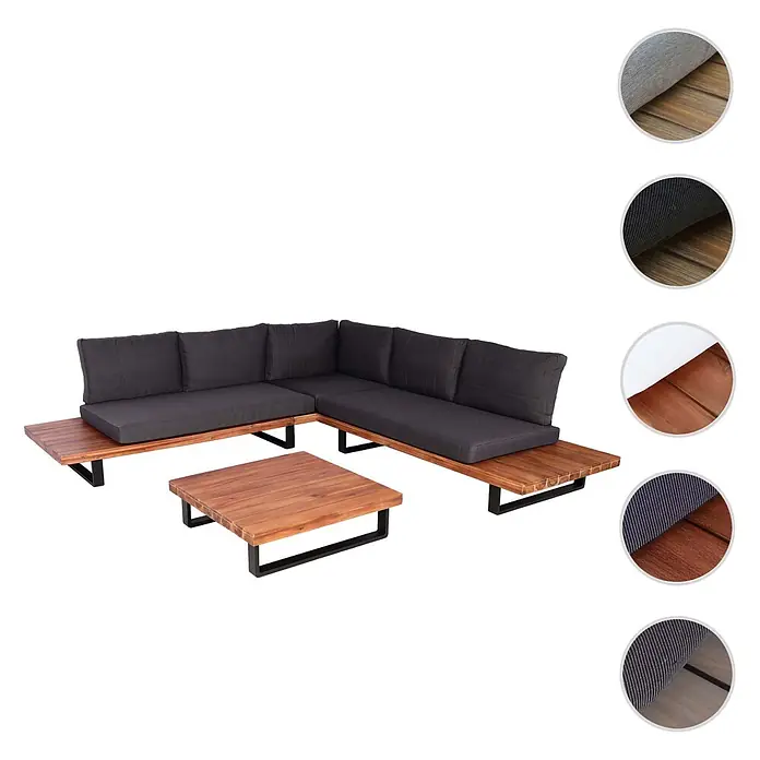 Mendler Loungemöbel-Set HWC-H54 - 2 -tlg., Holz, Braun, Polster dunkelgrau, Braun, Polster dunkelgrau - Akazienholz-Outdoor-Lounge-Set mit dunkelgrauen Kissen, bestehend aus einem Ecksofa und einem Couchtisch, alle mit schwarzen Metallstützen.