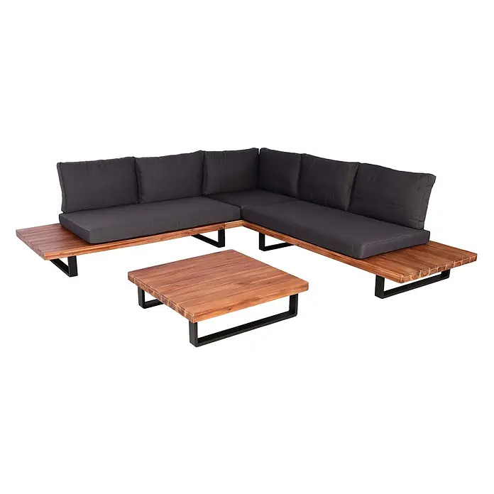Mendler Loungemöbel-Set HWC-H54 - 2 -tlg., Holz, Braun, Polster dunkelgrau, Braun, Polster dunkelgrau - Ecksofa-Garnitur für den Außenbereich mit dunkelgrauen Kissen, Holzrahmen und passendem Couchtisch.