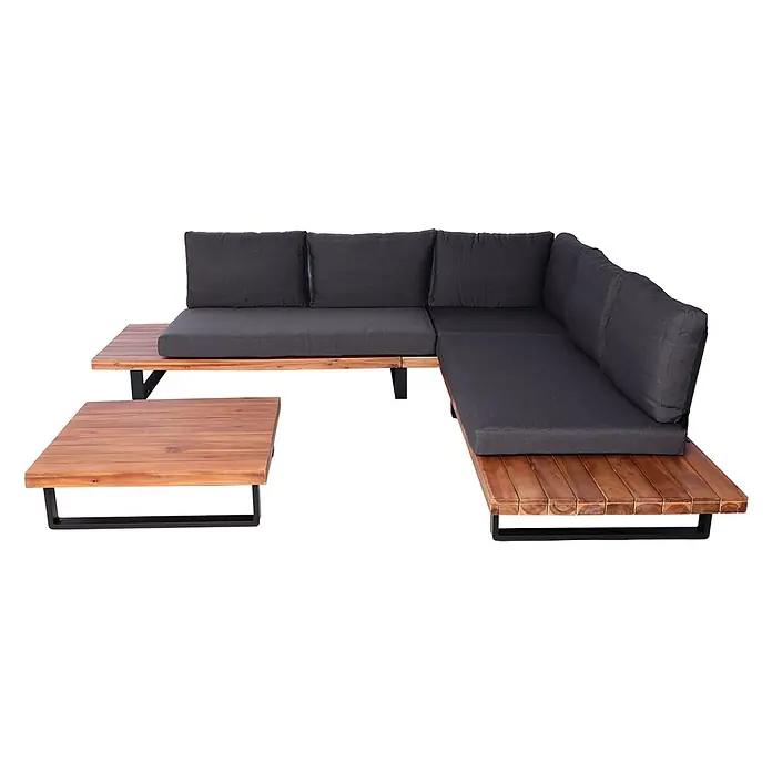 Mendler Loungemöbel-Set HWC-H54 - 2 -tlg., Holz, Braun, Polster dunkelgrau, Braun, Polster dunkelgrau - L-förmige Outdoor-Lounge-Gruppe mit dunkelgrauen Kissen und Holzlattenrahmen, inklusive passendem Couchtisch.