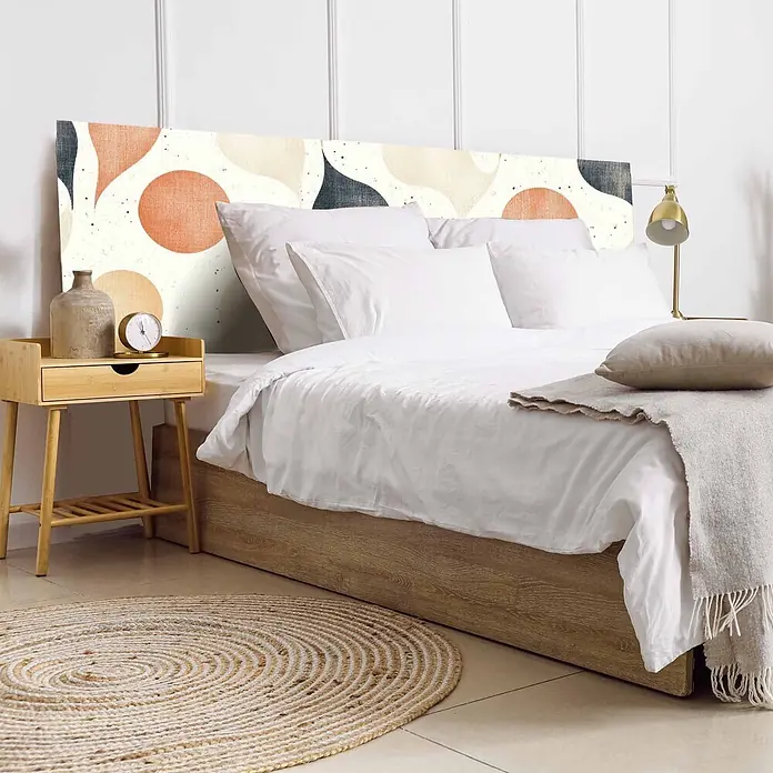 Cabecero de cama Retro - L x An: 95 x 60 cm, Multicolor - Cabecero con estampado abstracto en blanco, naranja quemado, beige y azul oscuro/gris.