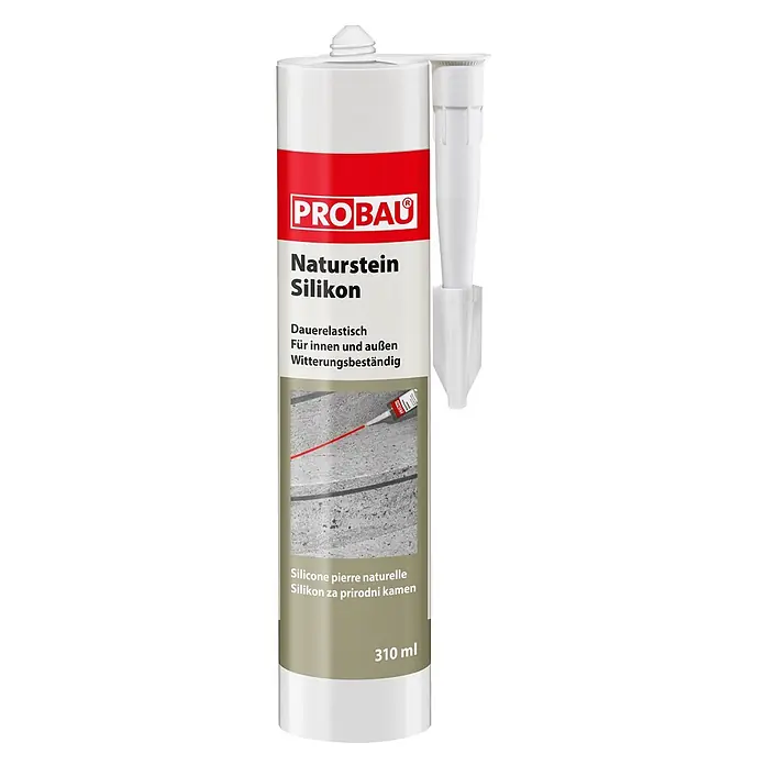 Probau Naturstein-Silikon - Beige, 310 ml - Weiße PROBAU Naturstein Silikonkartusche mit rotem Label und separater Düse, 310 ml.