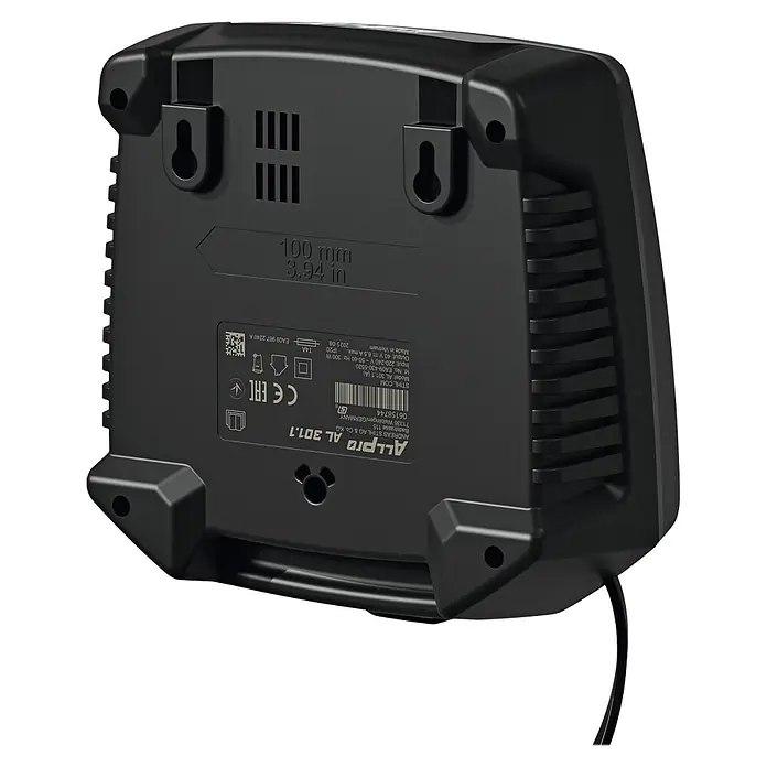 Stihl Akku-Ladegerät AL 301 -  - Schwarzes Kunststoff-Elektronikgerät, Rückansicht, zeigt Wandhalterungen, Lüftungsschlitze und Produktetikett mit Spezifikationen.