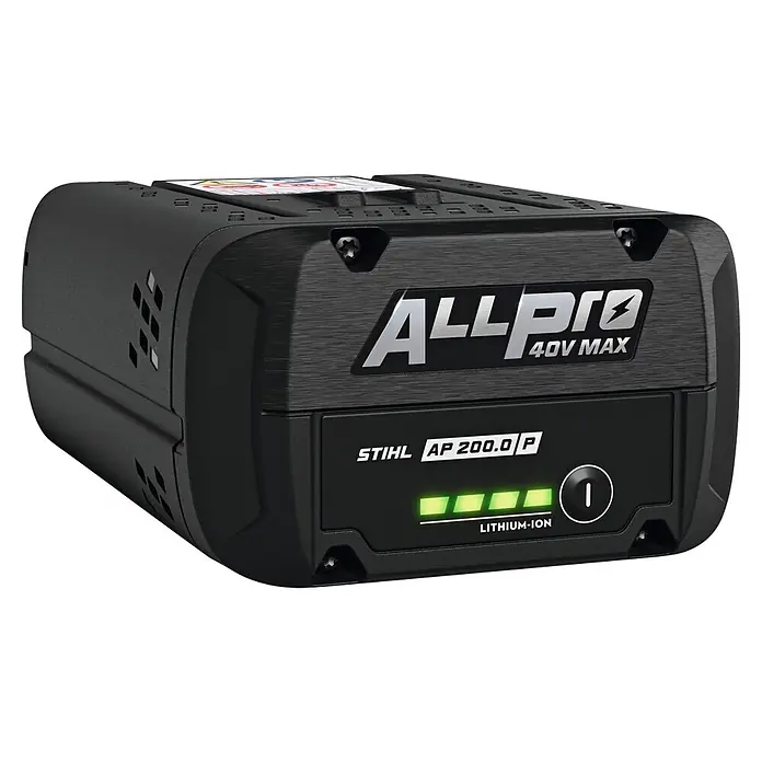 Stihl AP Akku 200 P - 40 V, 5,8 Ah, Li-Ionen - Schwarzer ALLPRO 40V MAX STIHL Lithium-Ionen-Akku mit gebürsteter Textur und beleuchteter Ladeanzeige.