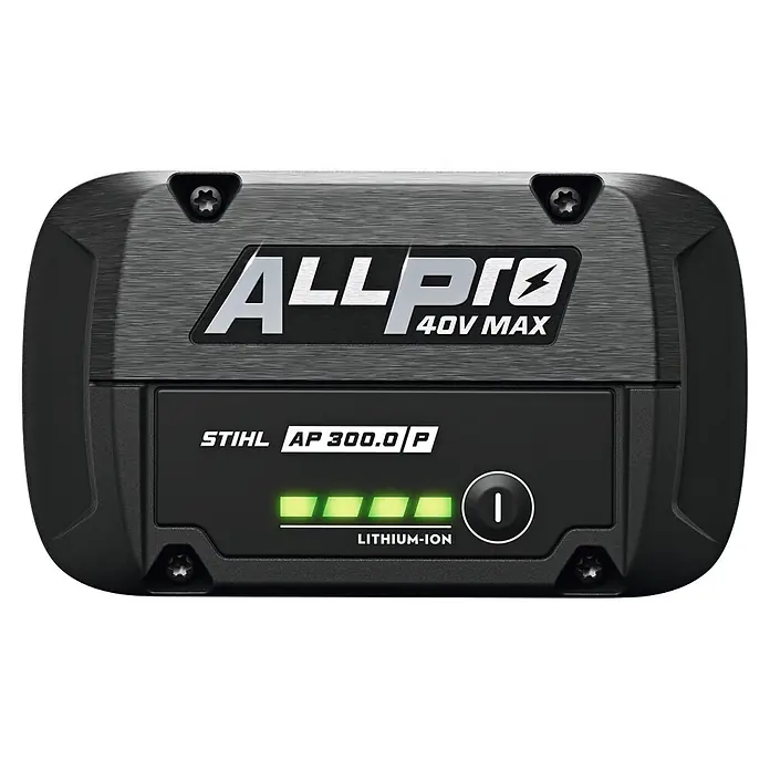 Stihl AP Akku 300 P - 40 V, 8,7 Ah, Li-Ionen - Dunkelgrauer ALLPRO 40V MAX STIHL AP 300.0 P Lithium-Ionen-Akku mit vier leuchtenden Ladeanzeigen und Ein-/Aus-Taste.
