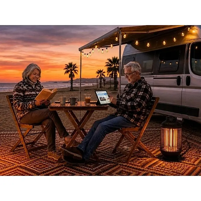 WDH Heizlüfter Standheizstrahler WDH-12HL Heizlaterne - 1,2 kW, Schwarz, IP54 - Outdoor-Teppich mit geometrischem rot-braun-cremefarbenem Muster, unter Campingmöbeln am Strand neben einem Wohnmobil verwendet.