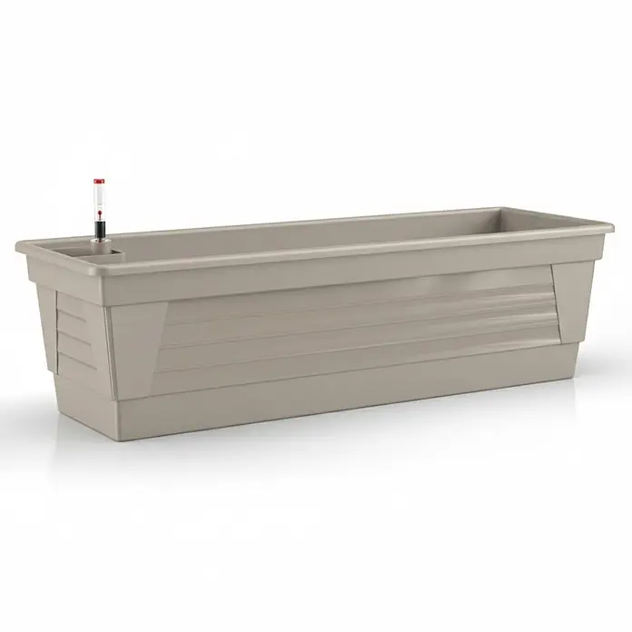 Plastard Pflanzkasten 100 cm Seidengrau - Balkonkasten & Bewässerungssystem - 1 Stk., Außenmaß (L x B x H): 100 x 21 x 17 cm, Kunststoff, Seidengrau - Hellbrauner rechteckiger Pflanzkasten mit Bewässerungssystem und Wasserstandsanzeige.