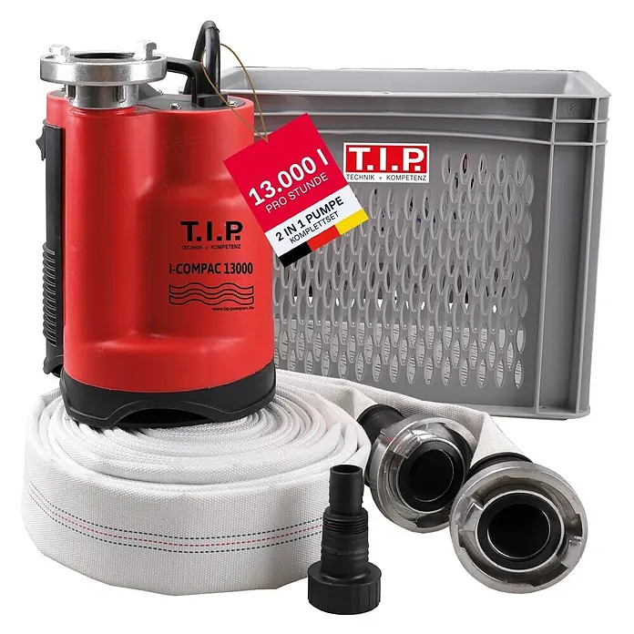 T.I.P. Schmutzwasserpumpe Hochwasser-Set I-Compac 13000 S - 750 W, Max. Fördermenge: 13.000 l/h, Eintauchtiefe: 7 m - Rotes T.I.P. I-COMPAC 13000 Tauchpumpen-Set mit weißem Schlauch, Anschlüssen und einer grauen Aufbewahrungskiste.