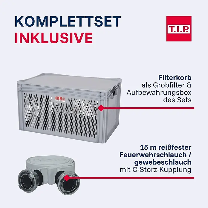 T.I.P. Schmutzwasserpumpe Hochwasser-Set I-Compac 13000 S - 750 W, Max. Fördermenge: 13.000 l/h, Eintauchtiefe: 7 m - Grauer Filterkorb und weißer 15 m Feuerwehrschlauch mit C-Storz-Kupplung.