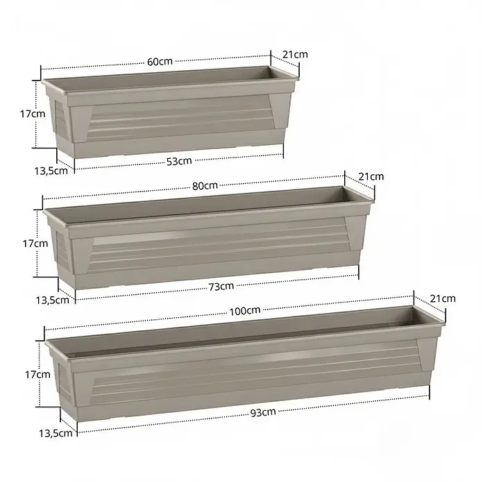 Plastard Pflanzkasten 60 cm Seidengrau, Pflanzkasten, Balkonkasten - 1 Stk., Außenmaß (L x B x H): 60 x 21 x 17 cm, Kunststoff, Seidengrau - Drei graue/beige rechteckige Kunststoff-Blumenkästen in verschiedenen Größen mit Maßen.