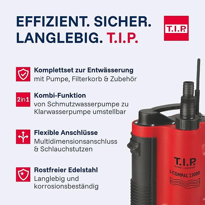 T.I.P. Schmutzwasserpumpe Hochwasser-Set I-Compac 13000 S - 750 W, Max. Fördermenge: 13.000 l/h, Eintauchtiefe: 7 m - Rote und schwarze T.I.P. I-COMPAC 13000 Tauchpumpe zur Entwässerung, mit Kombi-Funktion für Schmutz- und Klarwasser sowie Edelstahl.