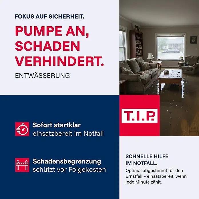 T.I.P. Schmutzwasserpumpe Hochwasser-Set I-Compac 13000 S - 750 W, Max. Fördermenge: 13.000 l/h, Eintauchtiefe: 7 m - Überflutetes Wohnzimmer und Text, der T.I.P. Notentwässerungspumpen für schnelle Schadensbegrenzung bewirbt.