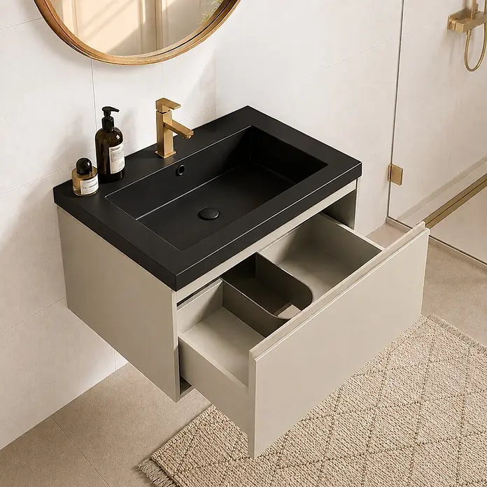 LOMAZOO Badezimmermöbel Greige 60cm - Schwarzes Waschbecken - Beige-graues Waschbeckenmöbel - Schwebender Waschbeckenunterschrank [MODENA] -  - Modernes wandmontiertes Badmöbel mit schwarzem Waschbecken, beigem Unterschrank und offener Schublade mit Organizern. Goldene Armatur und Spiegel.