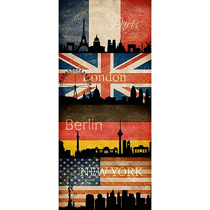 A.S. Création Designpanel pop.up - Städte, Bunt, 35 cm x 2,5 m - Städtebild-Collage mit Paris, London, Berlin und New York vor ihren jeweiligen Landesflaggen, ein dekoratives Wandbild.