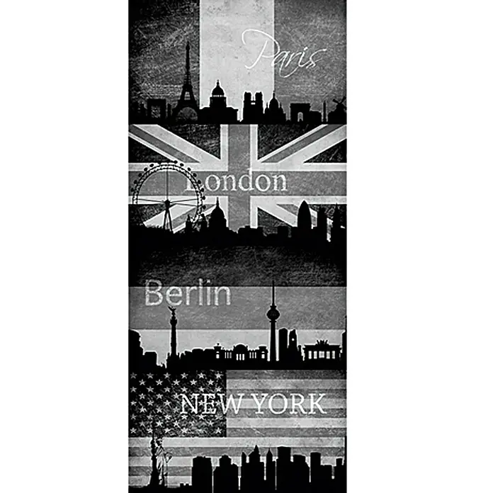 A.S. Création Designpanel pop.up - Städte, Grau, 35 cm x 2,5 m - Schwarzes und weißes Bild mit Skyline von Paris, London, Berlin und New York vor Flaggen.