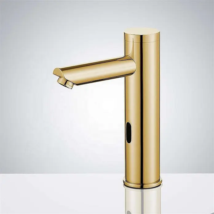 Hudor Waschtischarmatur Scamandre 019 - Hochglänzend - Polierter goldener automatischer Sensorwasserhahn mit langem Auslauf und zylindrischem Körper.