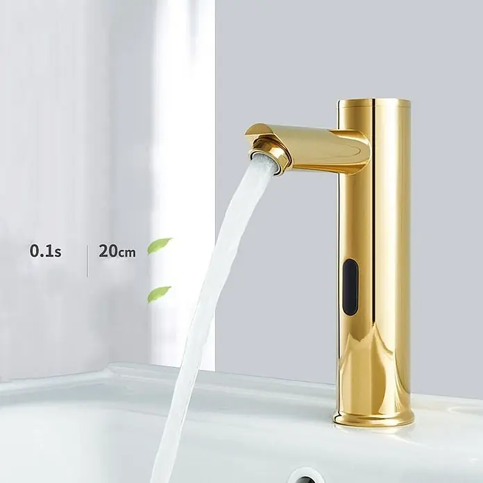 Hudor Waschtischarmatur Scamandre 019 - Hochglänzend - Goldener automatischer Sensorhahn mit fließendem Wasser, 0,1s Reaktionszeit und 20cm Sensorbereich.
