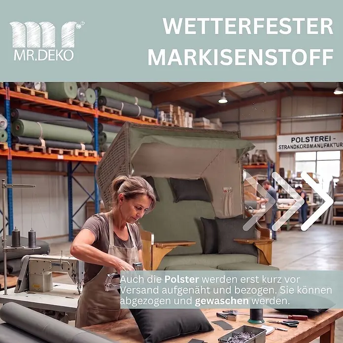 Bene Living Strandstuhl Strandkorb Schleswig Pinie Braun PE Mokka Dessin 553 - 1 Stk., Pinienholz, Polyrattan, Rückenlehne verstellbar, PE Mokka - Frau fertigt wetterfeste Polster für einen Strandkorb mit waschbaren Kissen in einer Werkstatt.