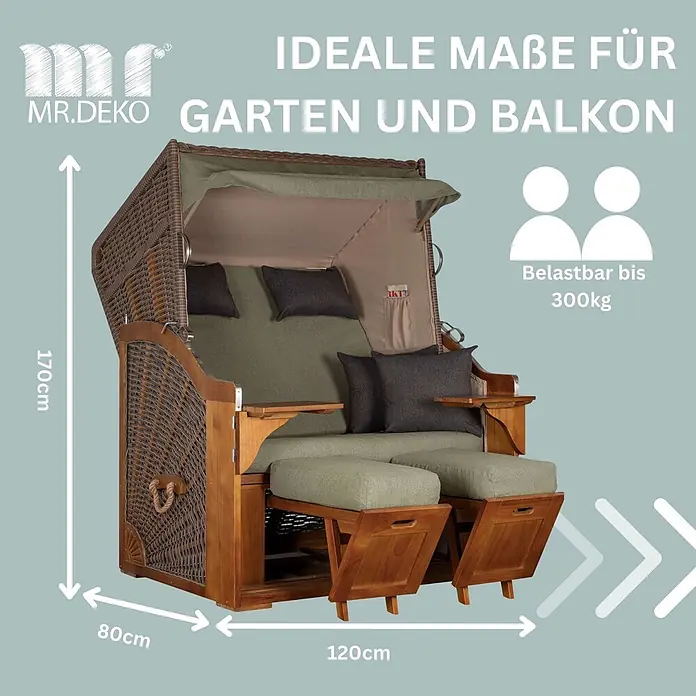 Bene Living Strandstuhl Strandkorb Schleswig Pinie Braun PE Mokka Dessin 553 - 1 Stk., Pinienholz, Polyrattan, Rückenlehne verstellbar, PE Mokka - Brauner Strandkorb aus Korbgeflecht und Holz mit grünen Polstern und ausziehbaren Fußteilen, ideal für Garten oder Balkon.