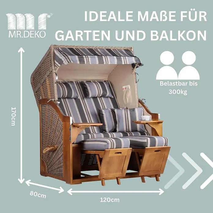 Mr. Deko Strandstuhl Strandkorb Schleswig Pinie Braun PE Mokka Dessin 555 - 1 Stk., Pinienholz. Polyrattan, Rückenlehne verstellbar, PE Mokka - Doppelsitz-Strandkorb aus Korbgeflecht und Holz, gestreifte blau-graue Polster, ausziehbare Fußstützen und Ablagen. 170x120x80cm, bis 300kg belastbar.