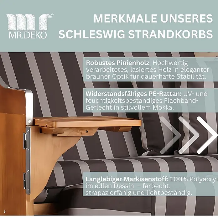 Strandkorb Schleswig Pinie Dessin 554 -  - Nahaufnahme eines Strandkorb-Seitentischs aus braunem Pinienholz mit gestreiftem braun-beigem Polyacryl-Stoff.