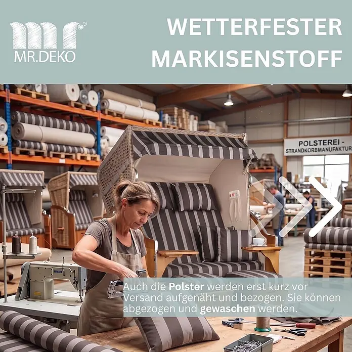 Strandkorb Schleswig Pinie Dessin 554 -  - Produktionshalle mit wetterfestem, gestreiftem Stoff für Strandkorb-Polster.