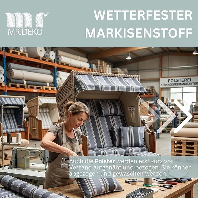Mr. Deko Strandstuhl Strandkorb Schleswig Pinie Braun PE Mokka Dessin 555 - 1 Stk., Pinienholz. Polyrattan, Rückenlehne verstellbar, PE Mokka - Wetterfester gestreifter Markisenstoff, der für Polster von Strandkörben verwendet und von einer Handwerkerin genäht wird.