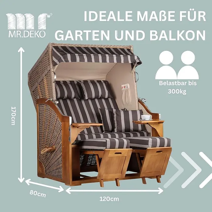 Strandkorb Schleswig Pinie Dessin 554 -  - Zweisitziger Strandkorb aus Rattan und Holz mit dunkelgrau gestreiften Polstern, ideal für Garten und Balkon.