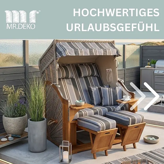 Mr. Deko Strandstuhl Strandkorb Schleswig Pinie Braun PE Mokka Dessin 555 - 1 Stk., Pinienholz. Polyrattan, Rückenlehne verstellbar, PE Mokka - Eleganter Strandkorb aus Korbgeflecht und Holz mit gestreiften Polstern und ausziehbaren Fußstützen, für gemütliche Stunden im Freien.