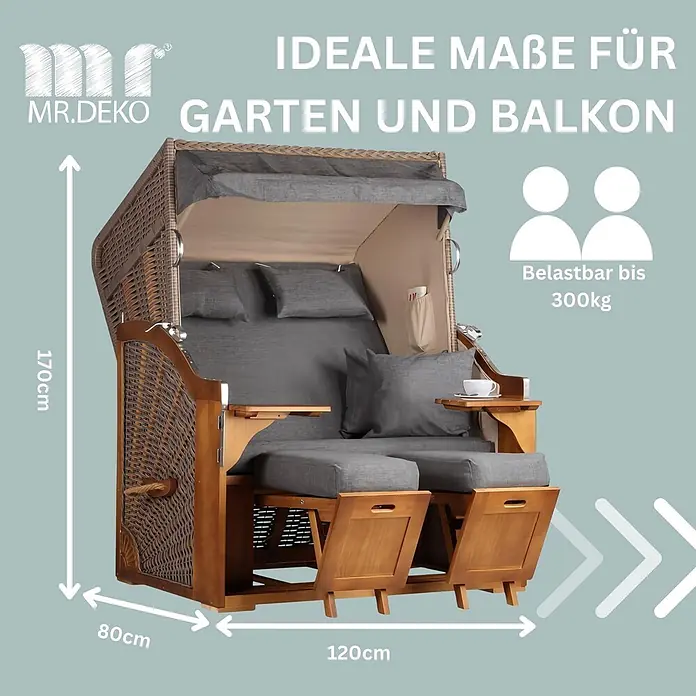 Mr. Deko Strandstuhl Strandkorb Schleswig Pinie Braun PE Mokka Dessin 560 - 1 Stk., Pinienholz. Polyrattan, Rückenlehne verstellbar, PE Mokka - Brauner Strandkorb aus Rattan mit grauen Kissen und Holzfußstützen, ideal für Garten/Balkon. Maße: 170x120x80cm, belastbar bis 300kg.