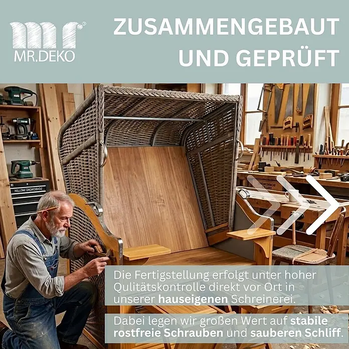 Bene Living Strandstuhl Strandkorb Schleswig Pinie Braun PE Mokka Dessin 566 - 1 Stk., Pinienholz. Polyrattan, Rückenlehne verstellbar, PE Mokka - Mann montiert einen handgefertigten Strandkorb aus Holz und Geflecht in einer Werkstatt.
