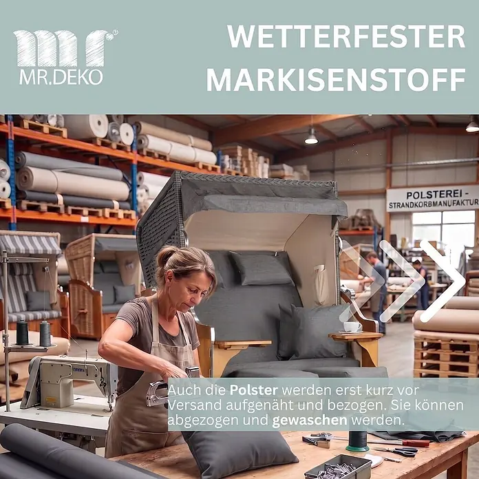 Mr. Deko Strandstuhl Strandkorb Schleswig Pinie Braun PE Mokka Dessin 560 - 1 Stk., Pinienholz. Polyrattan, Rückenlehne verstellbar, PE Mokka - Frau polstert graue, waschbare Kissen für einen Strandkorb in einer Werkstatt, mit wetterfestem Stoff.