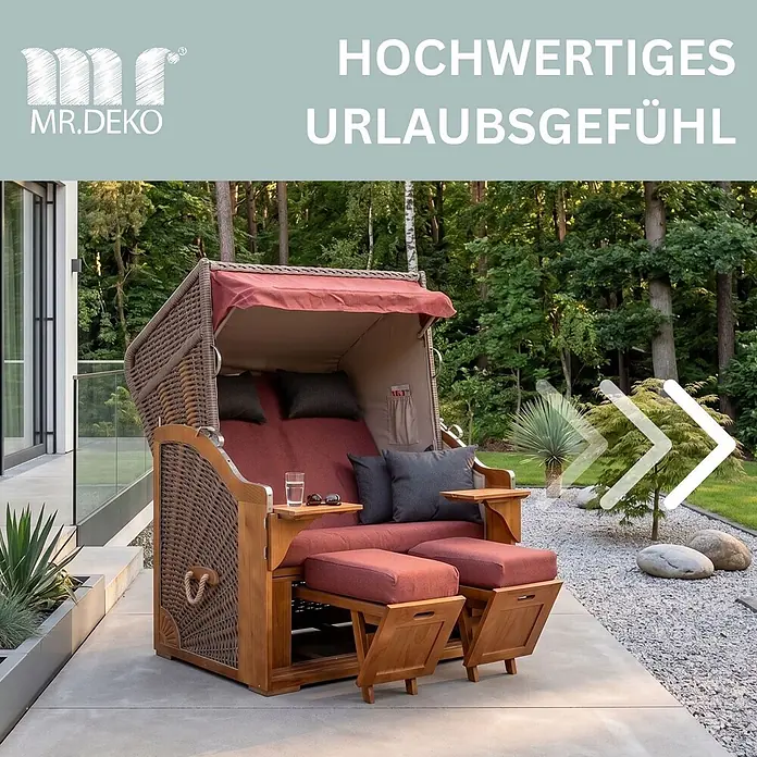 Bene Living Strandstuhl Strandkorb Schleswig Pinie Braun PE Mokka Dessin 566 - 1 Stk., Pinienholz. Polyrattan, Rückenlehne verstellbar, PE Mokka - Luxuriöser Strandkorb aus Korbgeflecht und Holz mit roten Polstern und ausziehbaren Fußstützen auf einer modernen Terrasse.