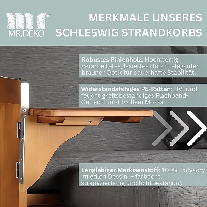 Mr. Deko Strandstuhl Strandkorb Schleswig Pinie Braun PE Mokka Dessin 560 - 1 Stk., Pinienholz. Polyrattan, Rückenlehne verstellbar, PE Mokka - Detail eines Strandkorbs mit elegantem braunem Pinienholz und robustem PE-Rattan, das langlebige Konstruktion betont.