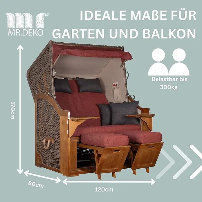 Bene Living Strandstuhl Strandkorb Schleswig Pinie Braun PE Mokka Dessin 566 - 1 Stk., Pinienholz. Polyrattan, Rückenlehne verstellbar, PE Mokka - Geflochtener Strandkorb aus Holz mit roten Polstern und verstellbaren Fußstützen, 170x120x80cm, belastbar bis 300kg.