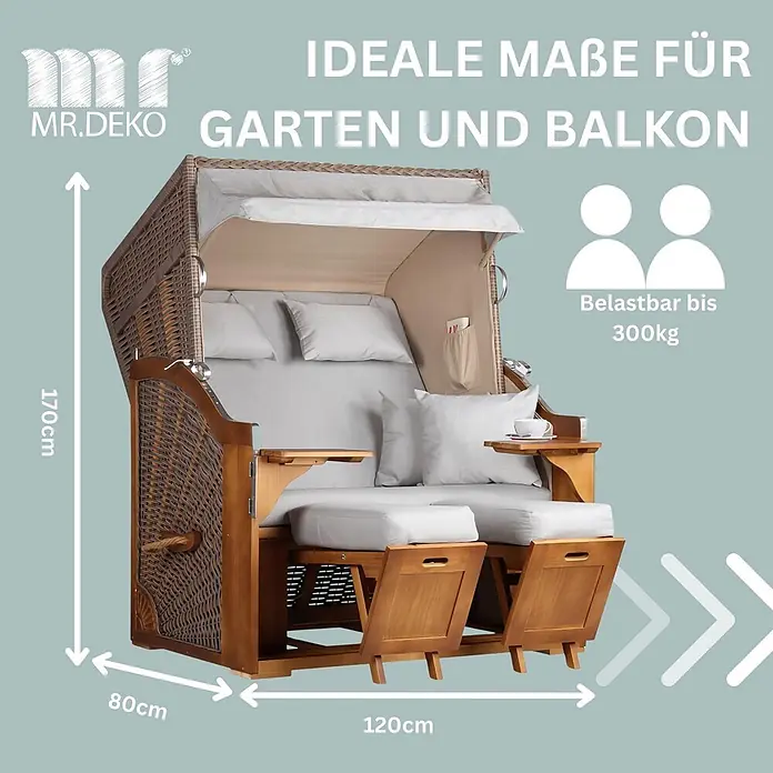 Mr. Deko Strandstuhl Strandkorb Schleswig Pinie Braun PE Mokka Dessin 563 - 1 Stk., Pinienholz. Polyrattan, Rückenlehne verstellbar, PE Mokka - Brauner Strandkorb aus Korbgeflecht mit Holzdetails und hellgrauen Kissen. Maße: 170x80x120cm, belastbar bis 300kg für 2 Personen.