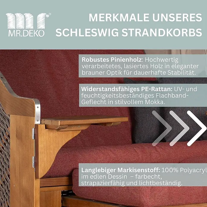 Bene Living Strandstuhl Strandkorb Schleswig Pinie Braun PE Mokka Dessin 566 - 1 Stk., Pinienholz. Polyrattan, Rückenlehne verstellbar, PE Mokka - Strandkorb aus lasiertem Pinienholz, mit rotem Acryl-Markisenstoff und mokkafarbenem PE-Rattan-Geflecht.