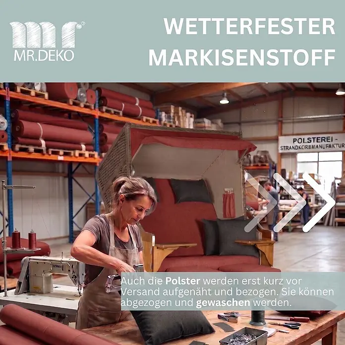 Bene Living Strandstuhl Strandkorb Schleswig Pinie Braun PE Mokka Dessin 566 - 1 Stk., Pinienholz. Polyrattan, Rückenlehne verstellbar, PE Mokka - Frau fertigt dunkelgraue Kissen und rotbraunen wetterfesten Stoff für einen Strandkorb in einer Werkstatt.