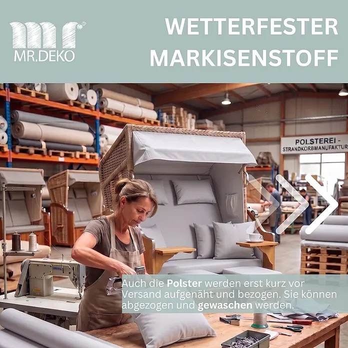 Mr. Deko Strandstuhl Strandkorb Schleswig Pinie Braun PE Mokka Dessin 563 - 1 Stk., Pinienholz. Polyrattan, Rückenlehne verstellbar, PE Mokka - Frau polstert Strandkorb mit wetterfestem Markisenstoff in einer Werkstatt.