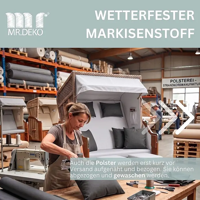 Mr. Deko Strandstuhl Strandkorb Schleswig Pinie Braun PE Mokka Dessin 559 - 1 Stk., Pinienholz. Polyrattan, Rückenlehne verstellbar, PE Mokka - Wetterfester Markisenstoff und Polsterung für Strandkörbe werden in einer Manufaktur gefertigt.