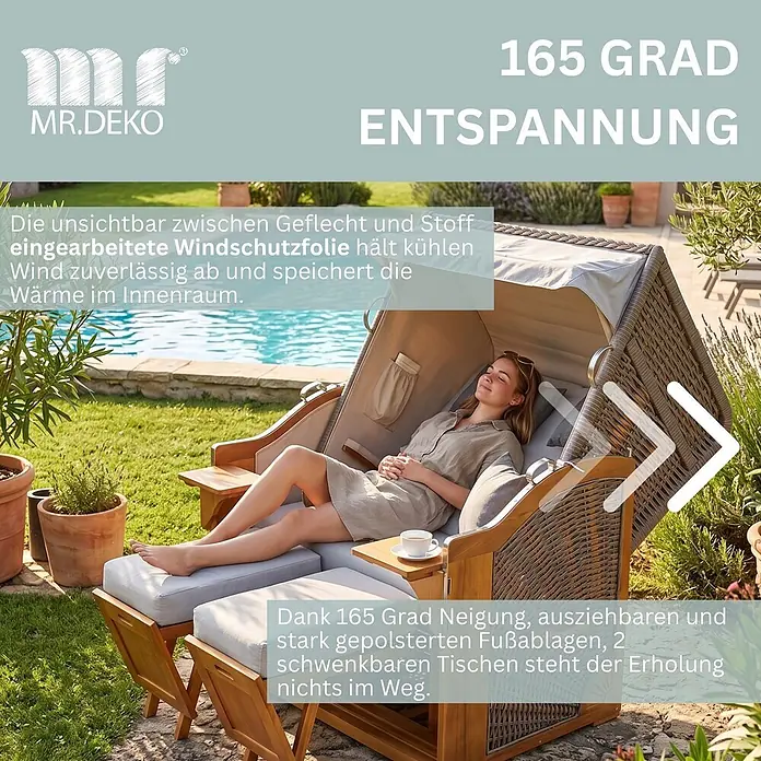 Mr. Deko Strandstuhl Strandkorb Schleswig Pinie Braun PE Mokka Dessin 559 - 1 Stk., Pinienholz. Polyrattan, Rückenlehne verstellbar, PE Mokka - Luxuriöser Strandkorb aus Korbgeflecht mit einer entspannenden Frau, 165 Grad Neigung, ausziehbaren Fußablagen und Beistelltischen im Garten.