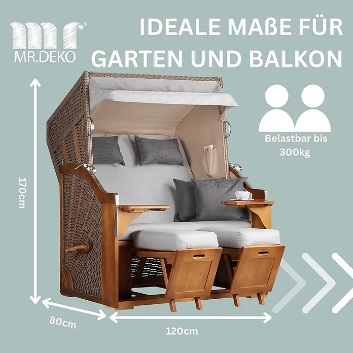 Mr. Deko Strandstuhl Strandkorb Schleswig Pinie Braun PE Mokka Dessin 559 - 1 Stk., Pinienholz. Polyrattan, Rückenlehne verstellbar, PE Mokka - Strandkorb aus Rattan/Holz mit Kissen, Maße 170x120x80cm, bis 300kg. Ideal für Garten & Balkon.