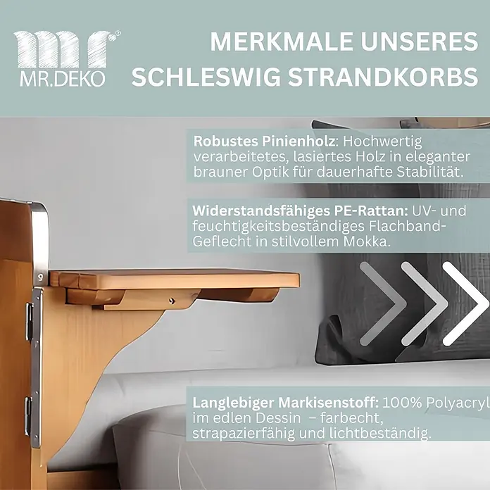 Mr. Deko Strandstuhl Strandkorb Schleswig Pinie Braun PE Mokka Dessin 559 - 1 Stk., Pinienholz. Polyrattan, Rückenlehne verstellbar, PE Mokka - Details eines Strandkorbs: braunes Pinienholz, mokkafarbenes PE-Rattan und grauer Polyacryl-Markisenstoff, der die hochwertigen Materialien hervorhebt.
