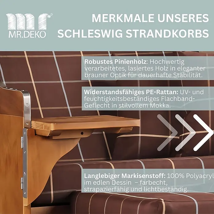 Strandkorb Schleswig Pinie Braun PE Mokka Dessin 556 -  - Detail eines Strandkorbs: Armlehne aus Pinienholz, Mokka-PE-Rattan und brauner gemusterter Polyacrylstoff.