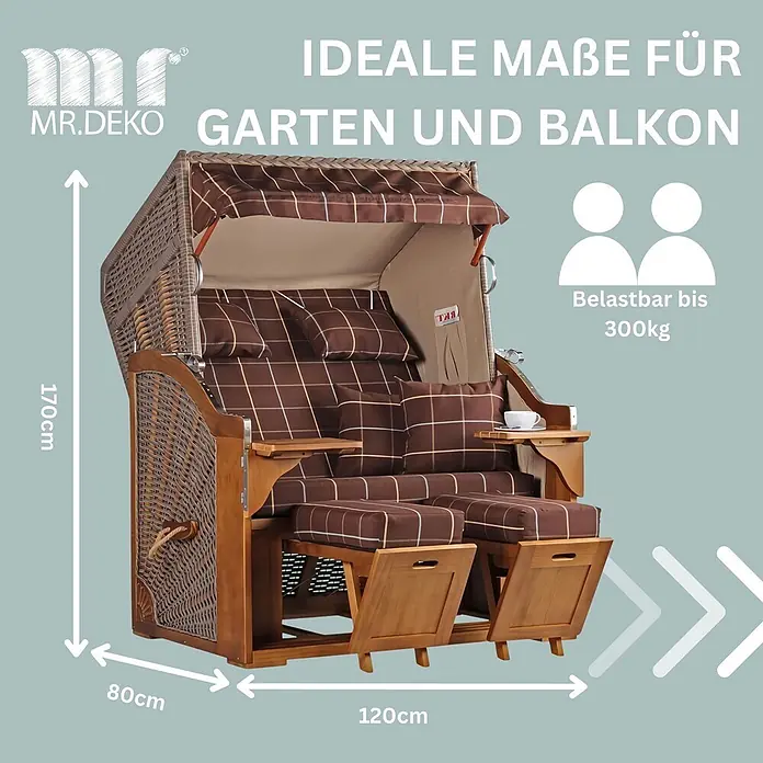 Strandkorb Schleswig Pinie Braun PE Mokka Dessin 556 -  - Strandkorb aus Rattan und Holz mit braun karierten Polstern. Ideal für Garten & Balkon, 170x120x80cm, belastbar bis 300kg.