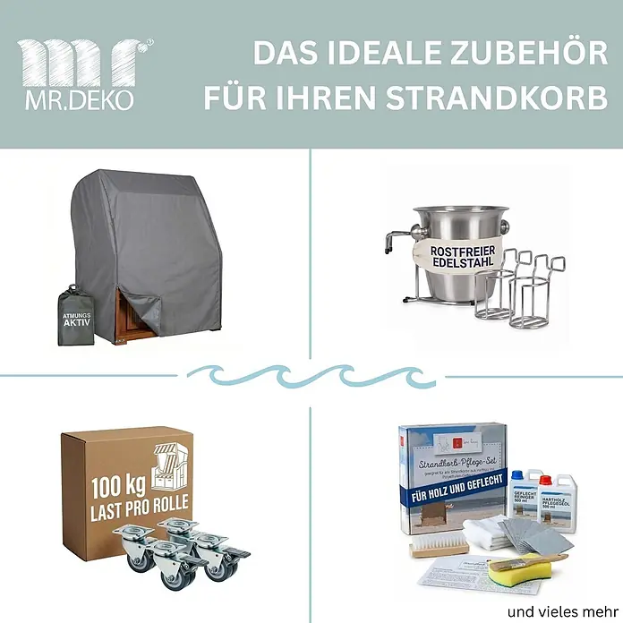 Bene Living Strandstuhl Strandkorb Schleswig Pinie Braun PE Mokka Dessin 558 - 1 Stk., Pinienholz. Polyrattan, Rückenlehne verstellbar, PE Mokka - Strandkorb-Zubehör: Graue Abdeckung, Edelstahl-Kühlbehälter & Becherhalter, Lenkrollen, Holz/Geflecht-Pflegeset.