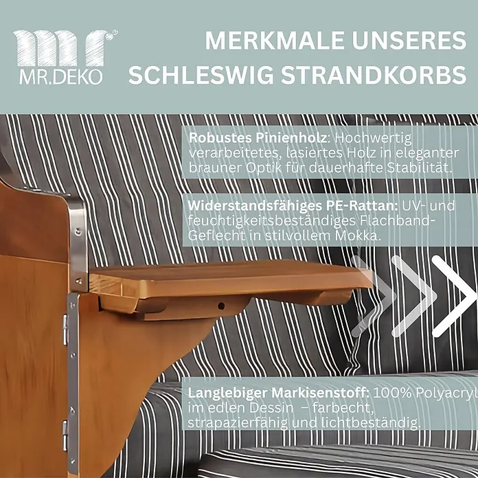 Strandkorb Schleswig Pinie Braun PE Mokka Dessin 553 -  - Nahaufnahme eines Strandkorbs mit braunem Kiefernholzrahmen, mokkafarbenem PE-Rattangeflecht und gestreiftem grau-weißem Acrylstoff.