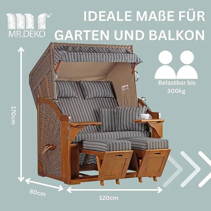 Strandkorb Schleswig Pinie Braun PE Mokka Dessin 553 -  - Brauner Strandkorb aus Korbgeflecht und Holz mit grau gestreiften Polstern und ausziehbaren Fußteilen. Ideal für Garten/Balkon, 300kg Traglast.