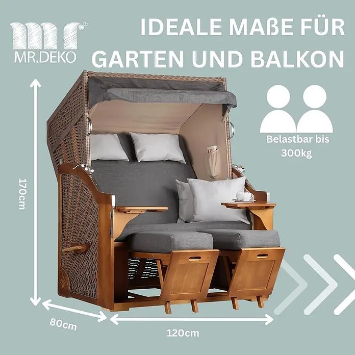 Bene Living Strandstuhl Strandkorb Schleswig Pinie Braun PE Mokka Dessin 558 - 1 Stk., Pinienholz. Polyrattan, Rückenlehne verstellbar, PE Mokka - Brauner Strandkorb aus Korbgeflecht mit grauen Polstern, ausziehbaren Fußteilen und Tischen, ideal für Garten/Balkon, bis 300kg belastbar.